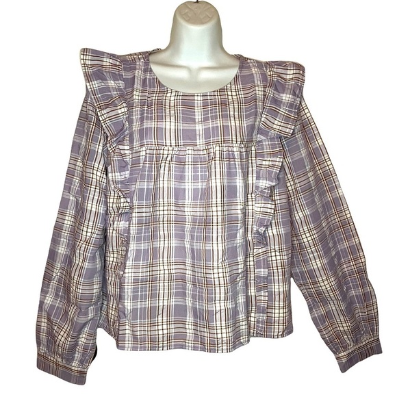 NWT Ann Taylor LOFT |peasant Frosted Lavender Plaid Ruffle Cropped Blouse - Picture 1 of 6